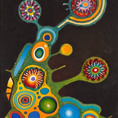 Fleur cosmique. 1978.  Acrylique, sable et masonite.
