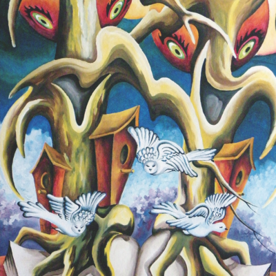 Cette année, 25 artistes, dont Guy Desaulniers qui a produit cette oeuvre intitulée Des Mots Farfelus, se sont inspirés du thème du Salon du Livre pour la création des oriflammes qui viennent agrémenter les rues passantes de La Sarre.